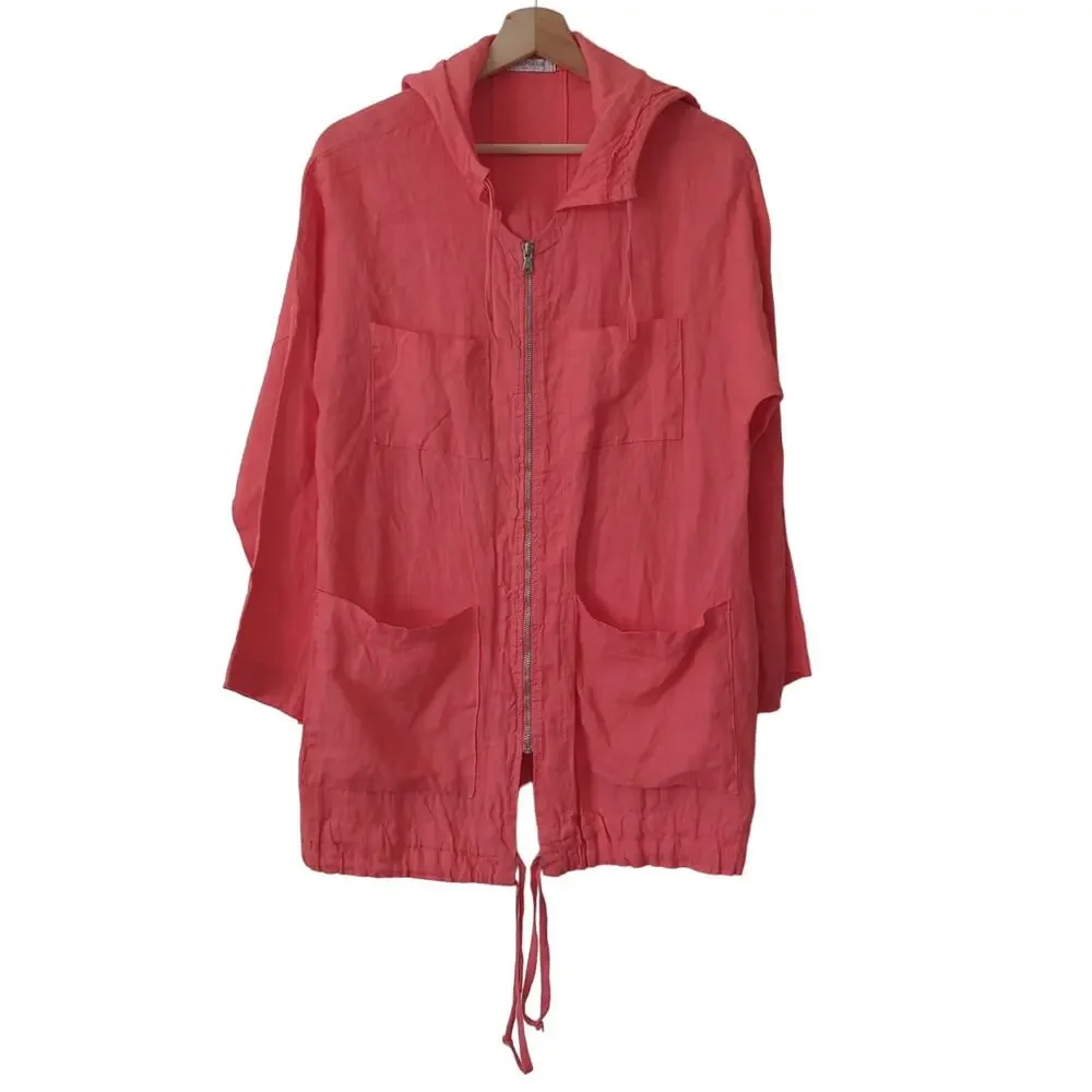 Emporium Made in‎ Italy Jacket Womens OS S-L 100% Linen Pink Hooded Zip Up